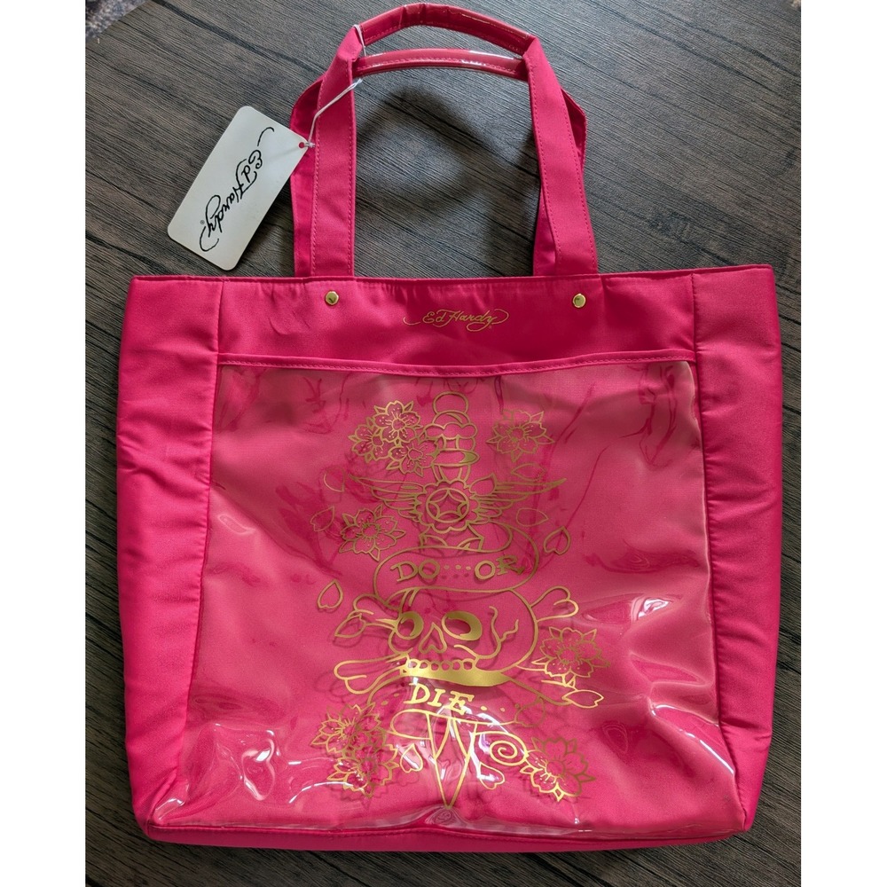 Ed Hardy Pink Do or Die Skull Dagger Gold Graphic Tote Bag Y2K Fragrance GWP NWT